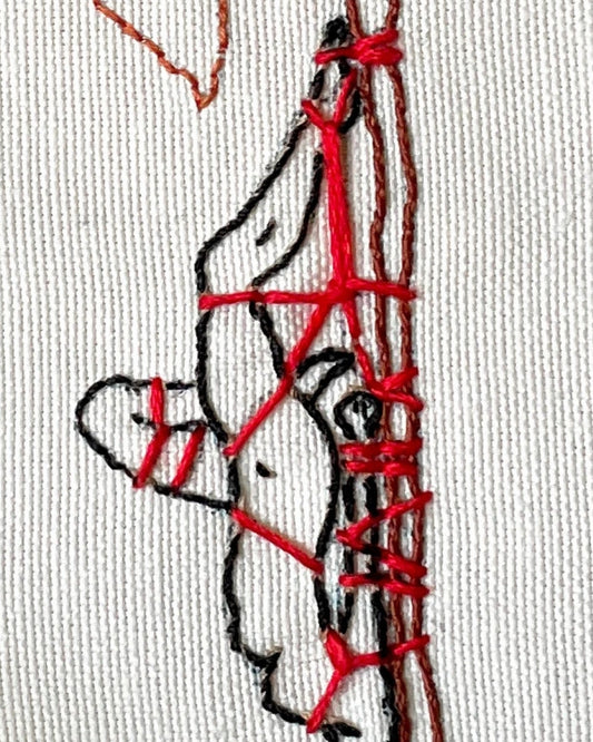 Our fiber art hoop is more than just a stitch. It’s a moment of surrender captured with actual shibari friction ties. Crafted for those who love the contrast of delicate beauty and sweet, tight control. Your walls called; they want some of this.