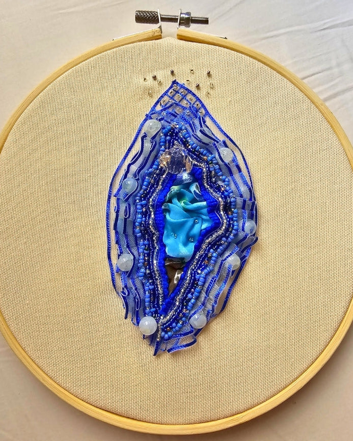 Natural wooden embroidery hoop with silver-tone hardware (ready to hang or display on a shelf).
Craftsmanship: 100% handmade mixed-media textile artwork.