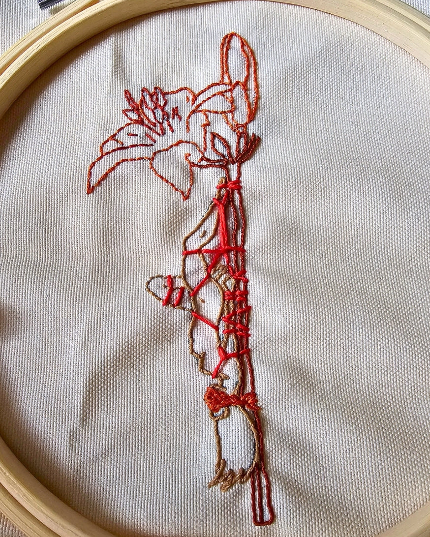Our fiber art hoop is more than just a stitch. It’s a moment of surrender captured with actual shibari friction ties. Crafted for those who love the contrast of delicate beauty and sweet, tight control. Your walls called; they want some of this.