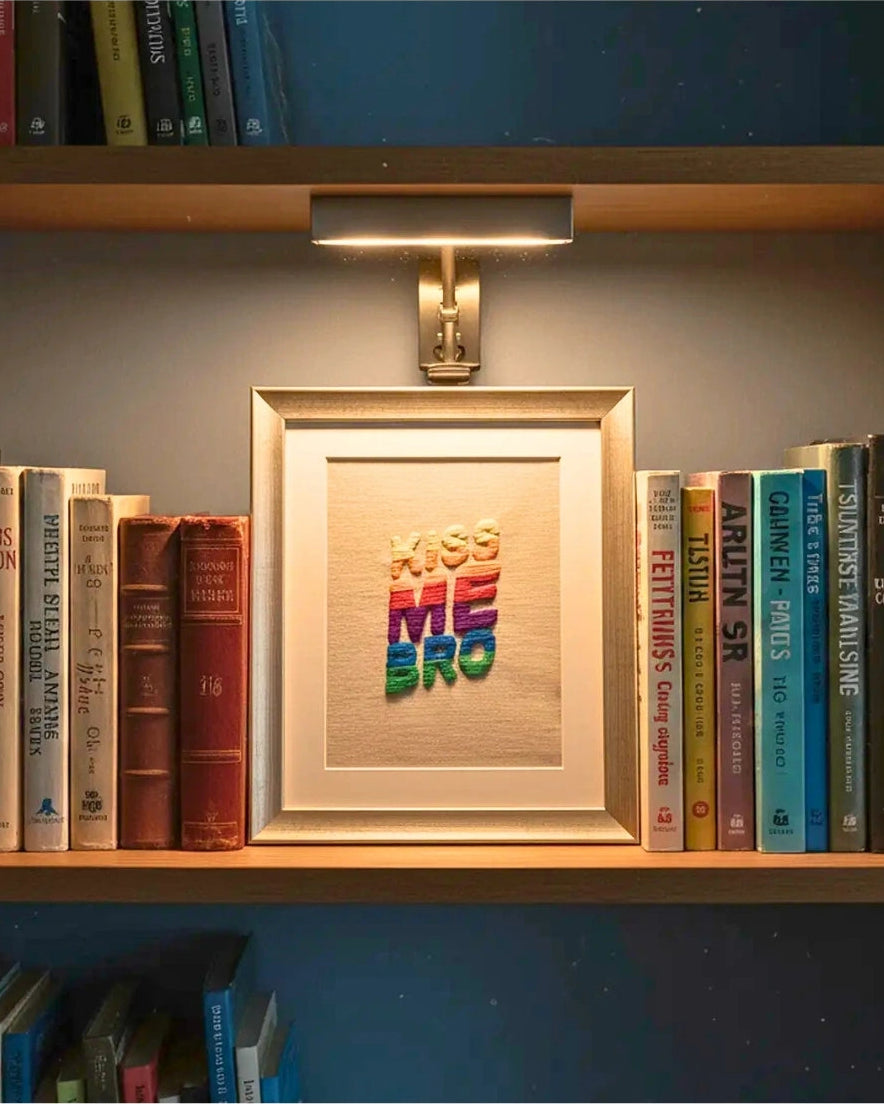 A framed art print featuring the words 'KISS ME BRO' in colorful, rainbow-like letters on a beige textured background, displayed on a wooden bookshelf between books under a small wall-mounted lamp.