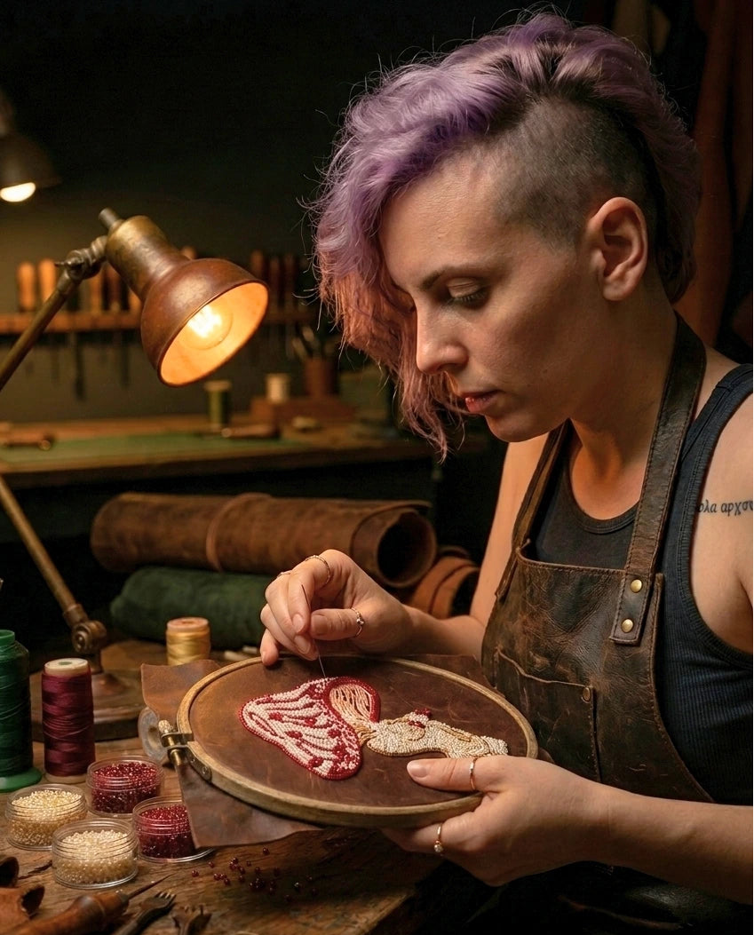 A person with purple hair wearing a leather apron works at a wooden craft table under a brass lamp, holding a round wooden board with a small embroidered or painted red and white design.