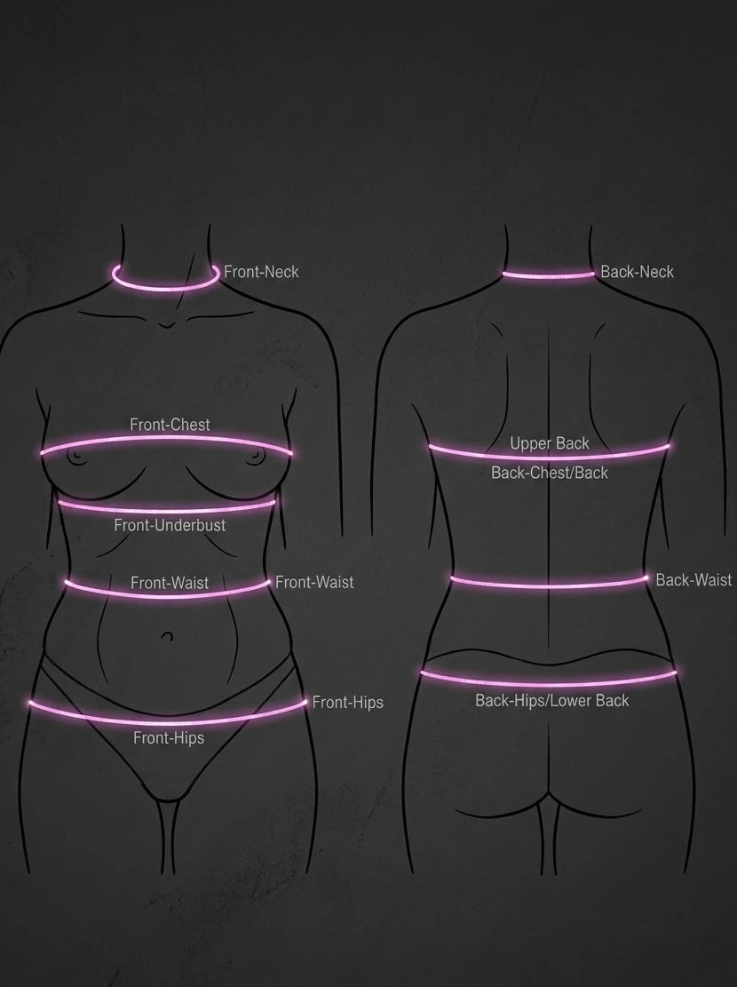 Body measurement guide showing front and back female torso outlines with pink highlighted measurement bands labeled for neck, chest, underbust, waist, hips, and back.
