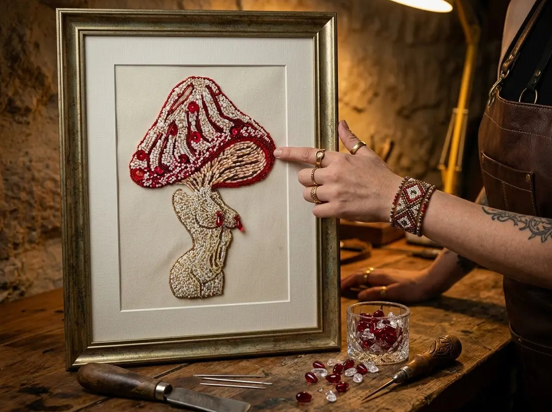 A person wearing a brown leather apron points at a framed mushroom artwork on a rustic wooden table. The artwork features a red and white patterned mushroom cap with a beige stem, set against a cream mat.