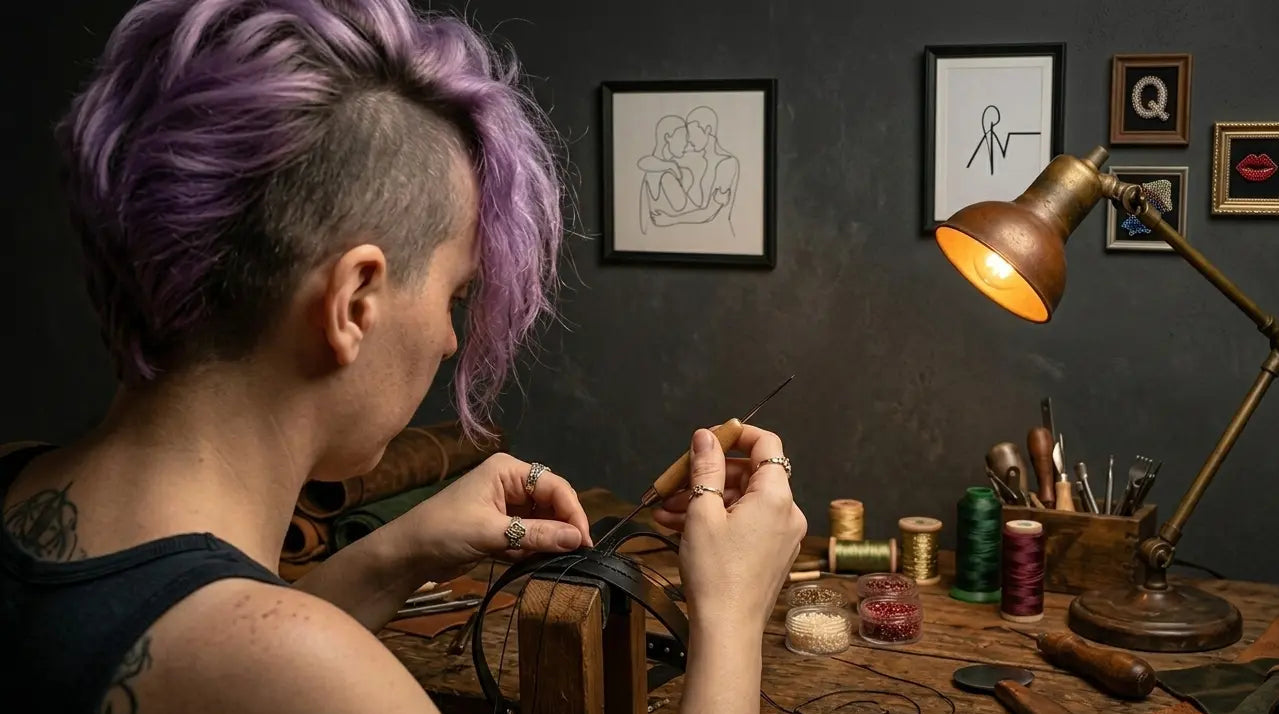 A person with purple hair sits at a wooden workbench in a dimly lit studio, sewing or crafting with thread and tools. Framed wall art hangs on the dark wall behind them, and a warm brass desk lamp illuminates the workspace.
