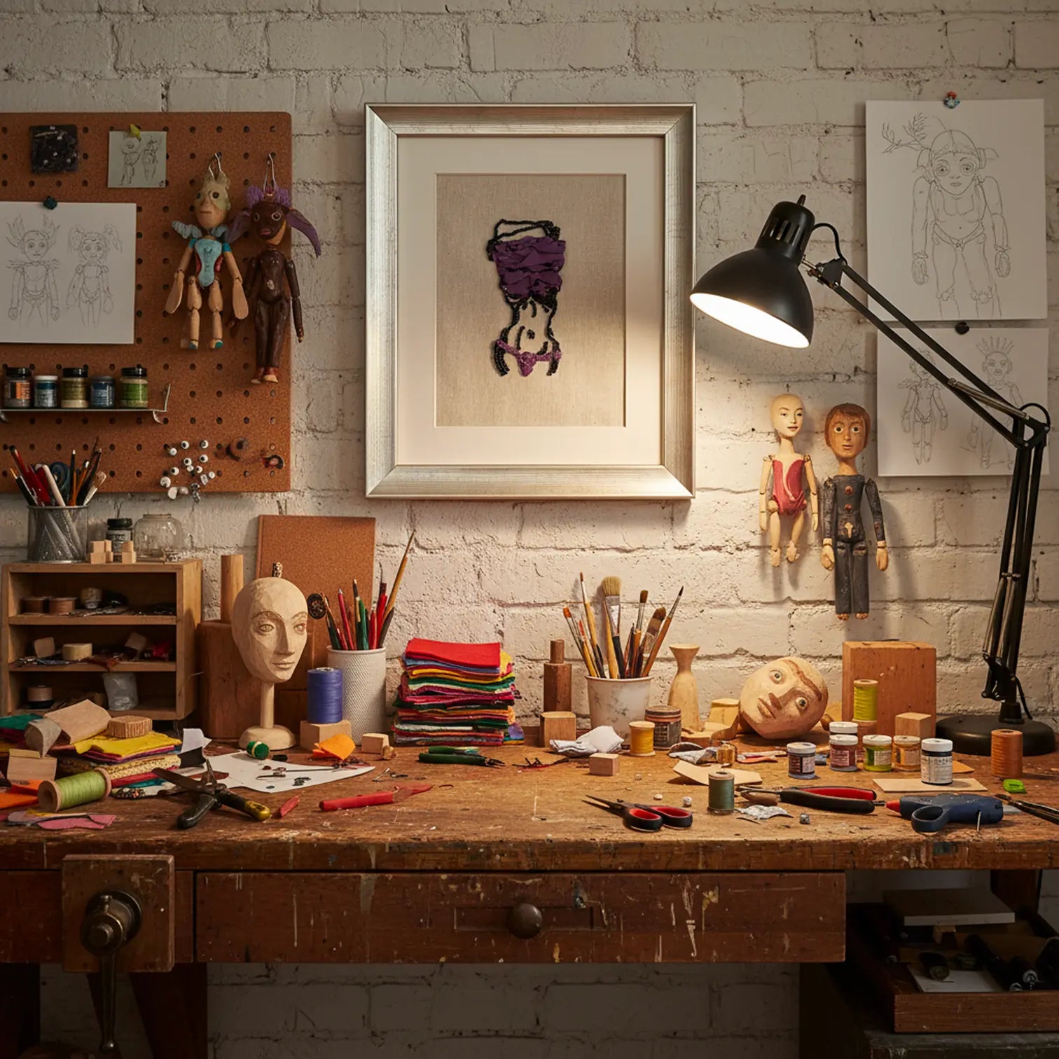 A framed art print featuring a purple and black abstract figure hangs on a white brick wall above a cluttered wooden craft workbench filled with sewing tools, threads, and doll props. A black adjustable desk lamp illuminates the workspace.