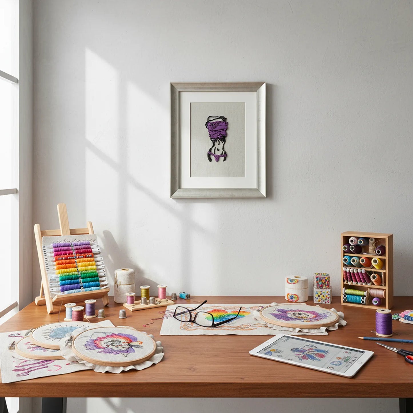 A framed art print featuring a purple and black abstract design hangs on a light gray wall above a wooden craft table filled with embroidery hoops, thread spools, an embroidery frame, and sewing supplies.