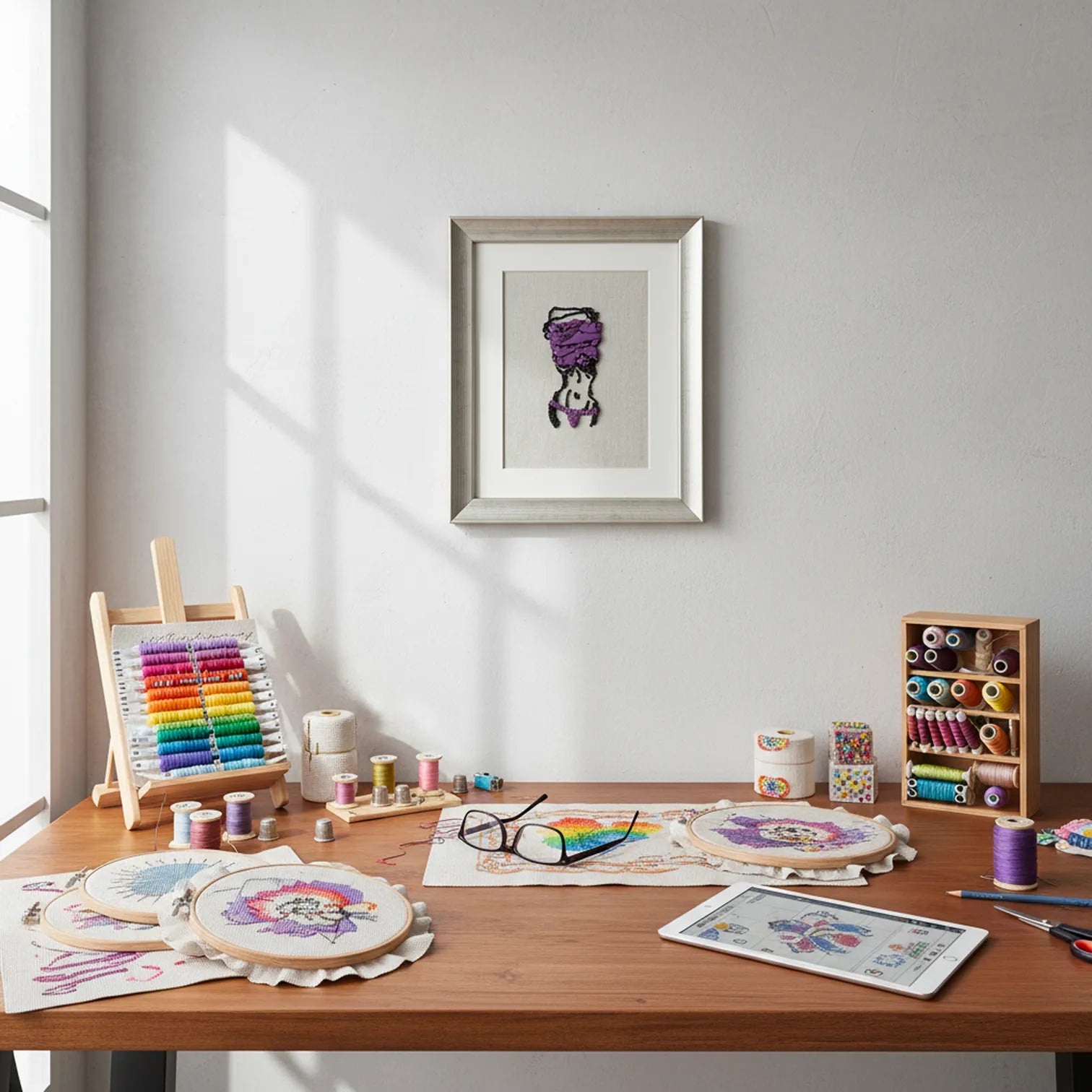 A framed art print featuring a purple and black abstract design hangs on a light gray wall above a wooden craft table filled with embroidery hoops, thread spools, an embroidery frame, and sewing supplies.
