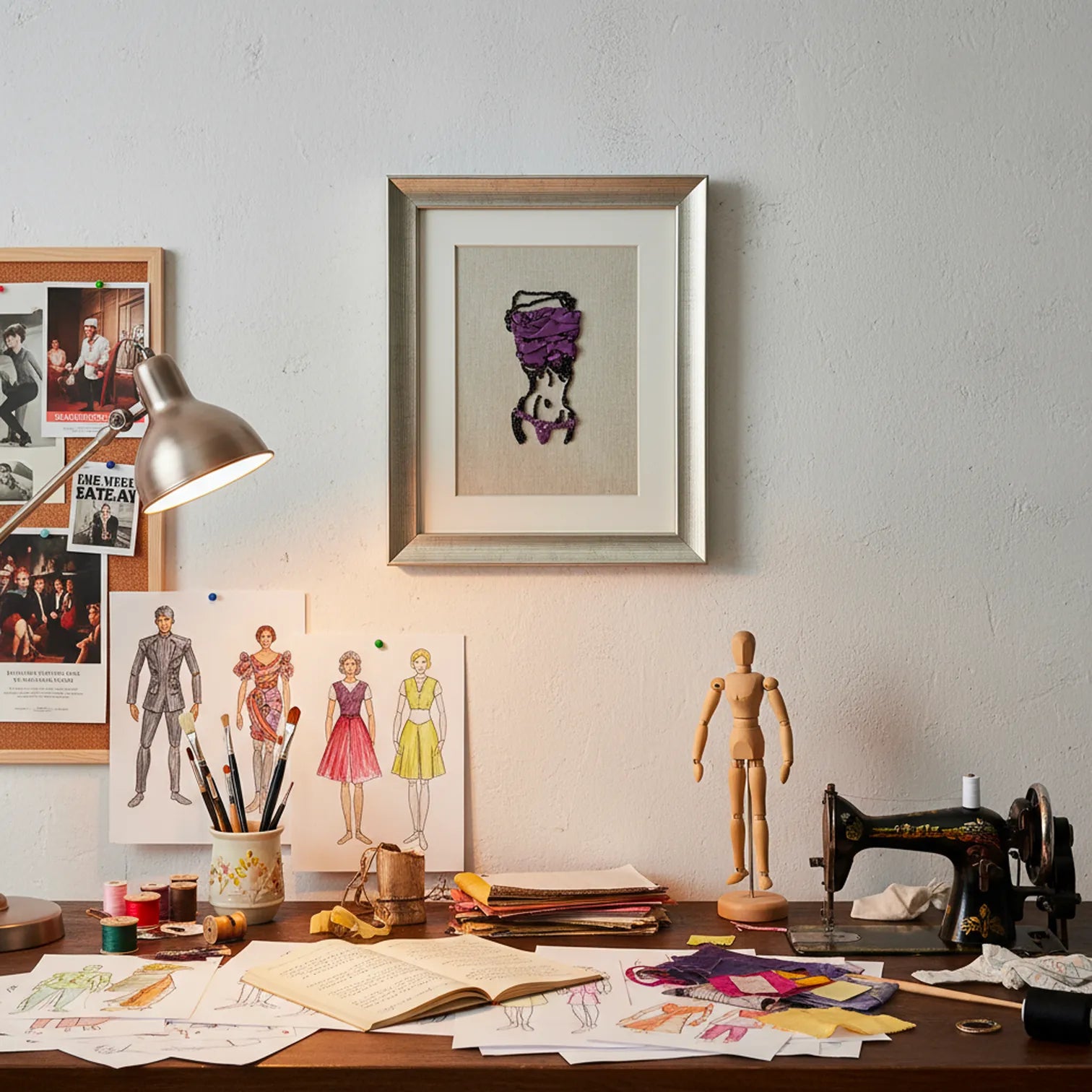 A framed art print featuring a purple and black abstract dress design hangs on a light gray wall above a wooden desk cluttered with sewing supplies, an artist's lamp, sketches, and a wooden mannequin.